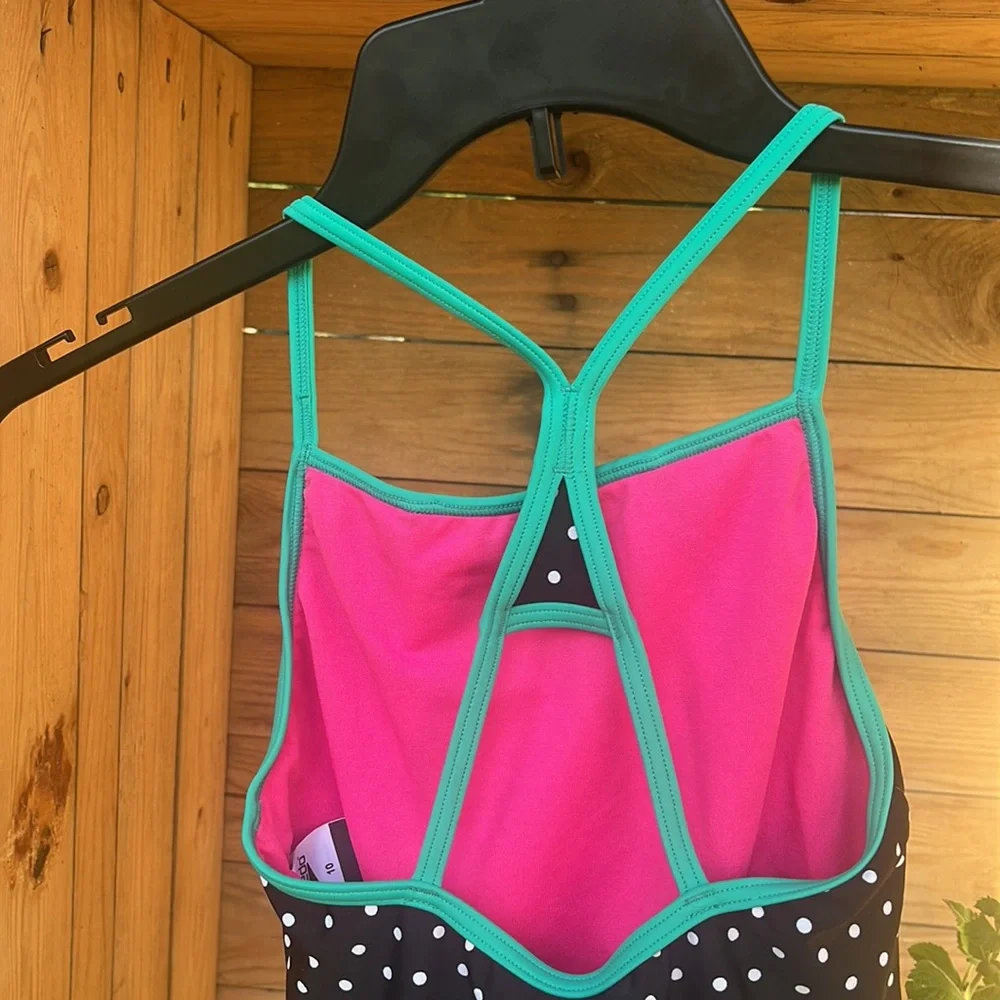 Girls Speedo Swimsuit Colorful Geometric One-Piece with Polka Dot Contrast Sz 12